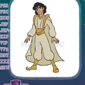 A vibrant embroidery design featuring Aladdin in his iconic white and gold princely attire, smiling confidently.
