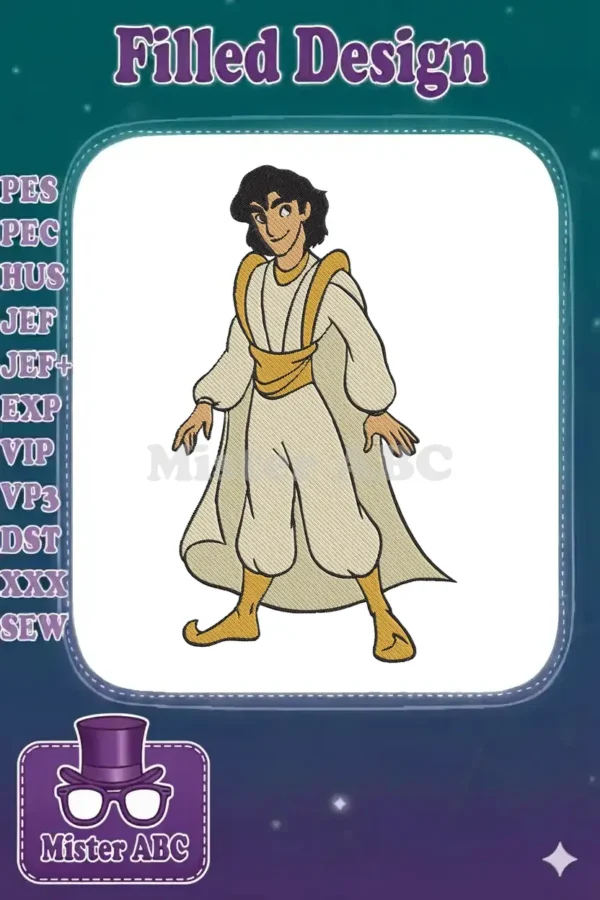 A vibrant embroidery design featuring Aladdin in his iconic white and gold princely attire, smiling confidently.