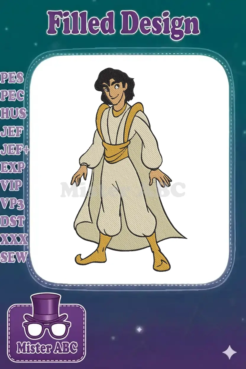 A vibrant embroidery design featuring Aladdin in his iconic white and gold princely attire, smiling confidently.