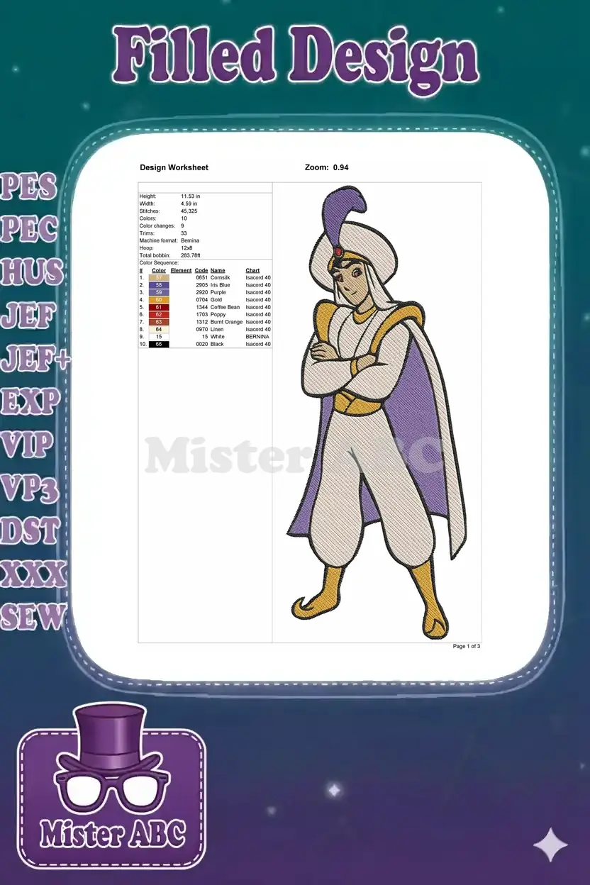 Detailed embroidery design worksheet showing Aladdin, alongside specifications like size, stitches, and color chart.