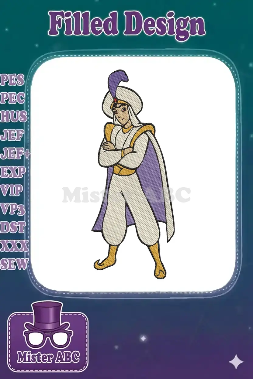 Full-body embroidery design of Aladdin in his Prince Ali attire, featuring white, gold, and purple colors.