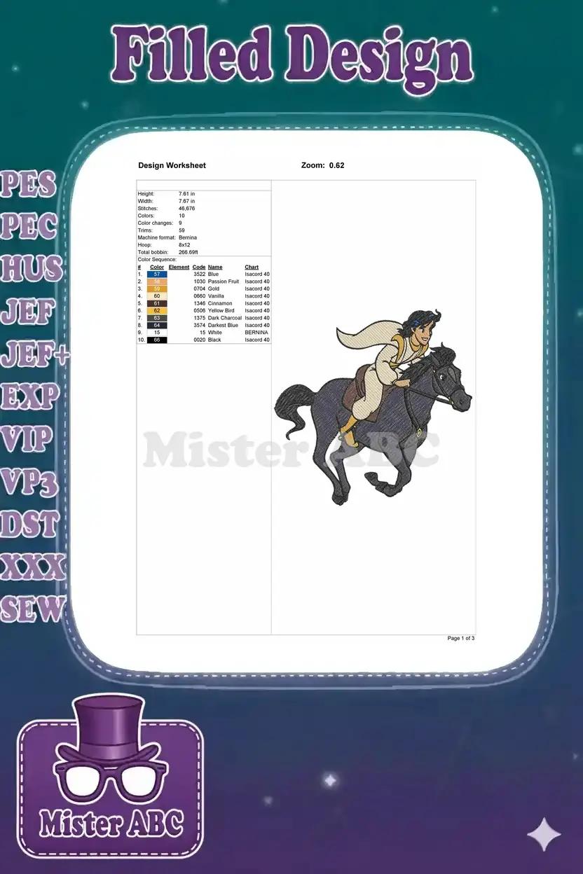 A detailed embroidery design worksheet displaying dimensions, stitch count, color sequence, and thread codes for the Aladdin design.