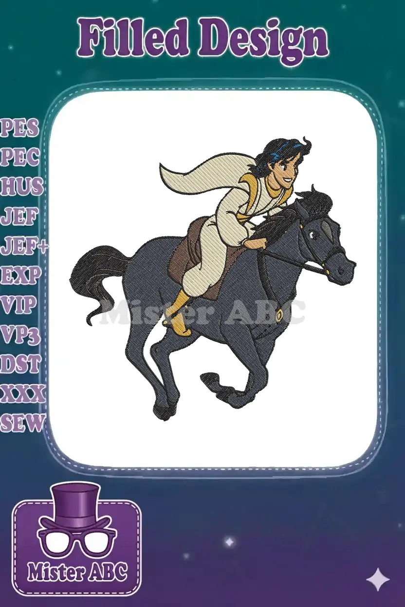 Aladdin in his iconic cream and gold outfit, riding a galloping dark horse, captured in a vibrant embroidery design.