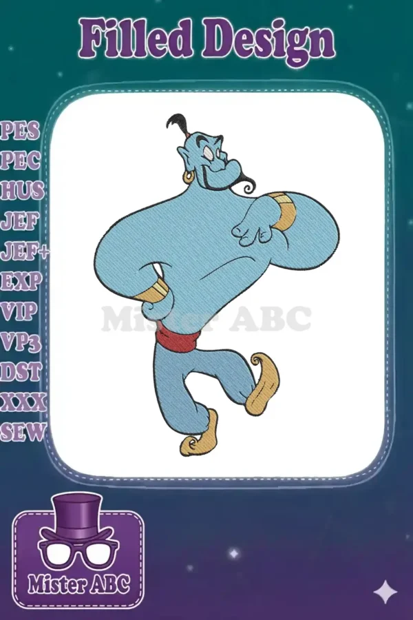 A vibrant, high-quality embroidery design featuring a cheerful blue Genie from Disney's Aladdin, ready to grant wishes.