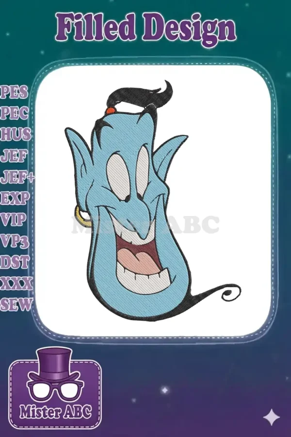 A vibrant embroidery design of the Genie from Aladdin, smiling broadly with his iconic blue form and cheerful expression.