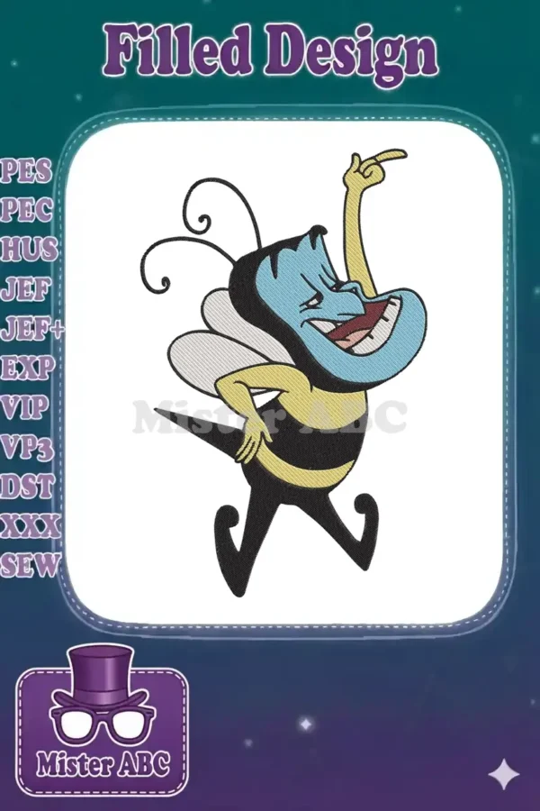 Vibrant embroidery of a cartoon bee, 'The Buzz-Off,' with blue head, yellow and black striped body, striking a dynamic pose.