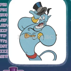 A detailed embroidery of Disney's Genie from Aladdin, tipping his top hat with a joyful expression, in vibrant colors.