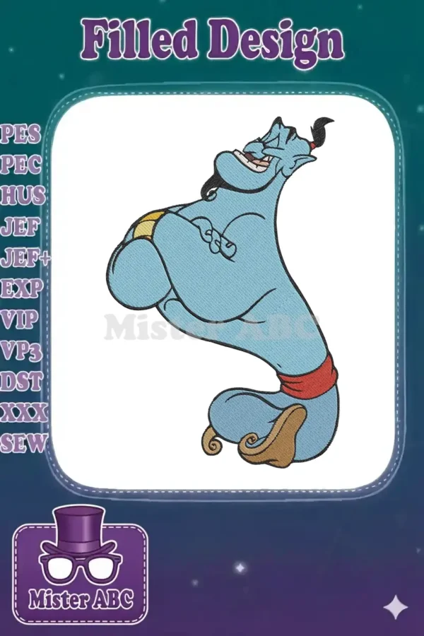 A vibrant embroidery design of the blue Genie from Disney's Aladdin, smiling with crossed arms, ready to grant wishes.