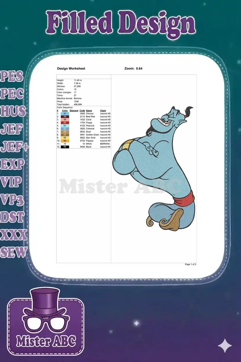 A detailed embroidery design worksheet showing the Genie, along with stitch count, colors, and machine information.
