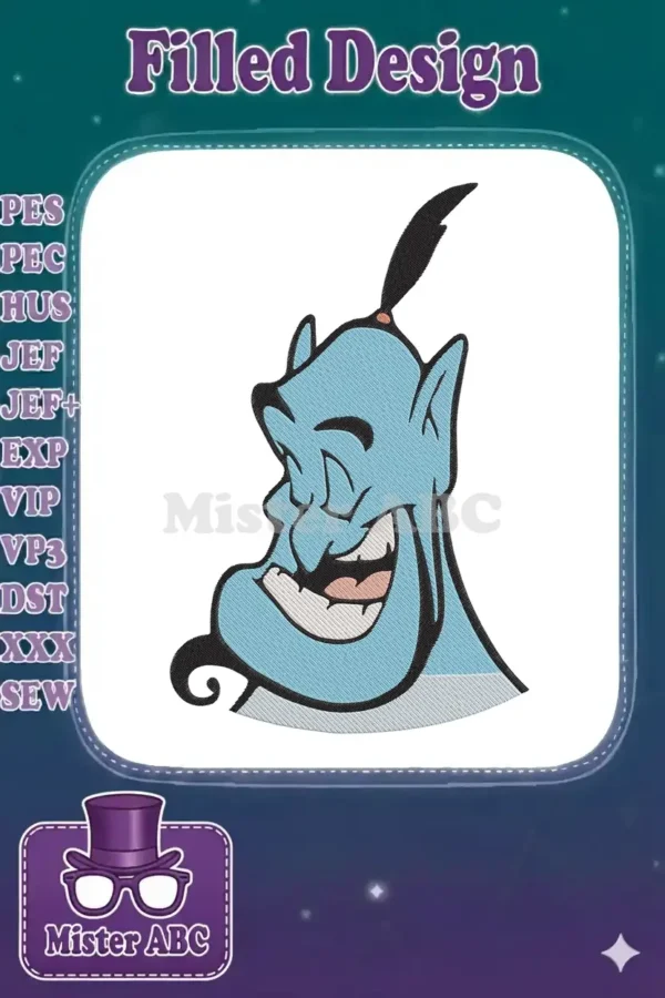 A detailed embroidery design of the joyful Genie from Disney's Aladdin, laughing with a wide smile.