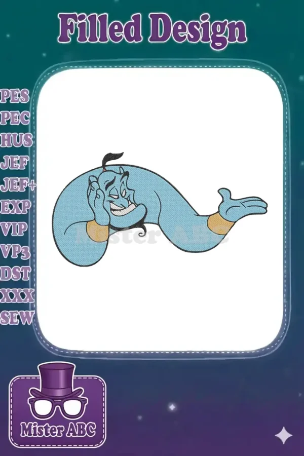 A vibrant, detailed embroidery of the Genie from Disney's Aladdin, captured mid-expression with a cheerful grin.