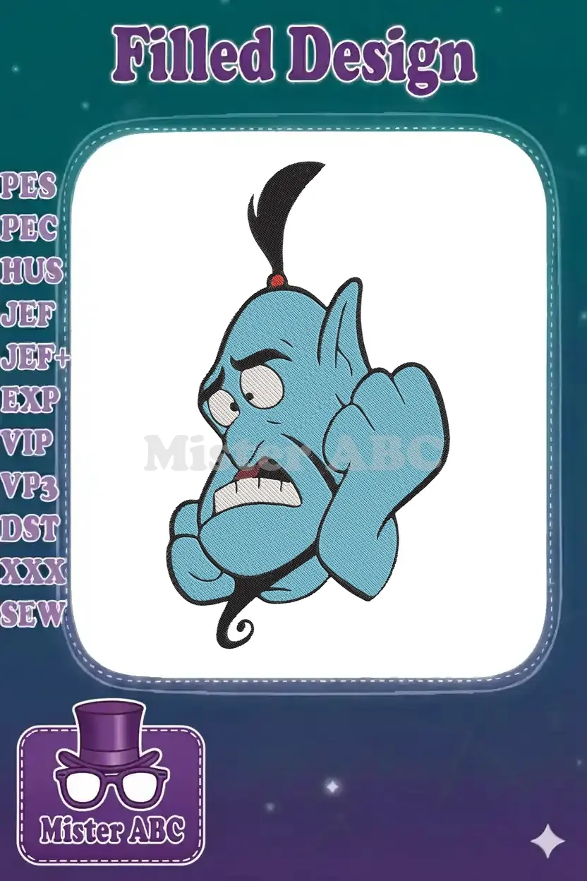 Detailed embroidery of the Genie from Aladdin, shown with a worried or frustrated expression in vibrant blue.
