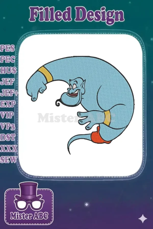 A digital embroidery design of a cheerful blue Genie, with a gold arm band and red sash, smiling brightly.