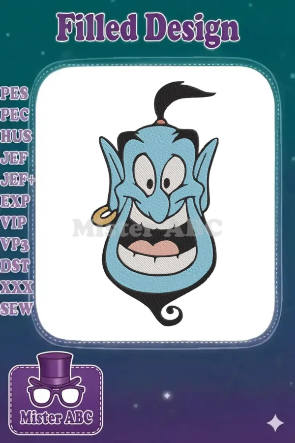 A cheerful, wide-smiling Genie from Aladdin embroidery design, featuring vibrant blue, black, and gold threads with detailed stitching.
