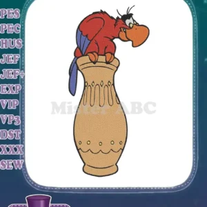 Iago from Disney's Aladdin, the red parrot, sits atop a decorated beige embroidery vase with a mischievous look.
