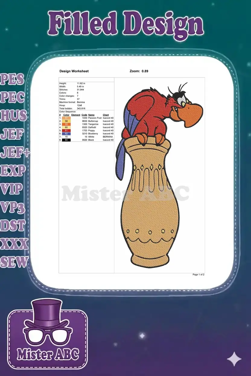 An embroidery design worksheet showing Iago on a vase, with dimensions, stitch count, colors, and thread details.