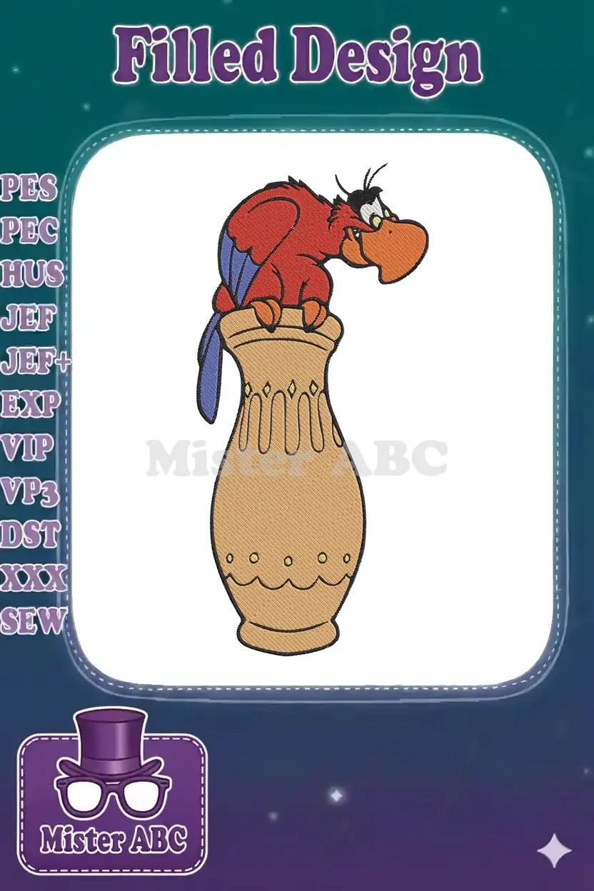Iago from Disney's Aladdin, the red parrot, sits atop a decorated beige embroidery vase with a mischievous look.