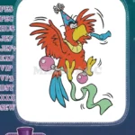Cheerful red parrot dancing with party hat and horn embroidery designs - Instant Download