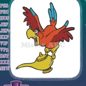 Vibrant embroidery design of Iago, Aladdin's parrot, with wings spread, standing on the golden Magic Lamp.