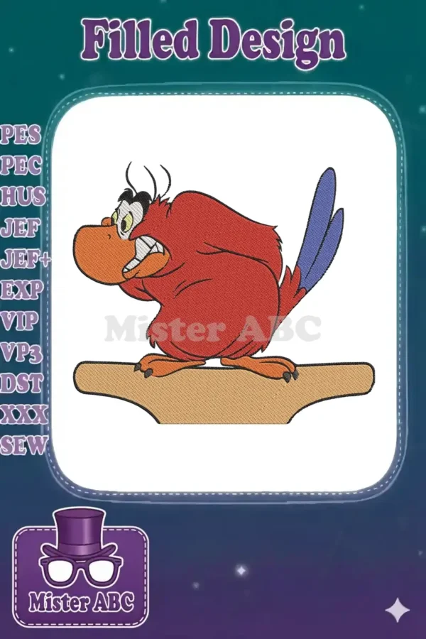 Close-up of Iago, the red parrot from Disney's Aladdin, perched on a brown stand with an angry, agitated expression.