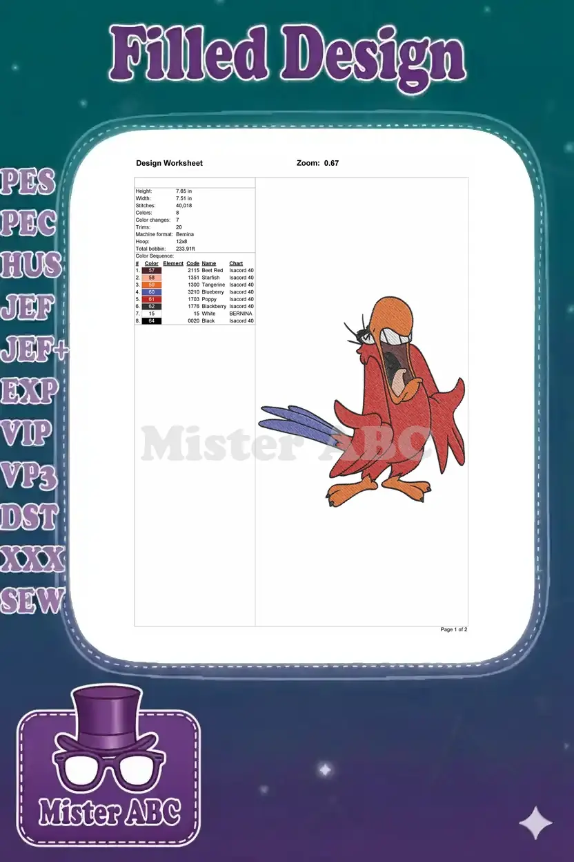 The design worksheet for the Iago embroidery, detailing dimensions, stitch count, color sequence, and thread brands.