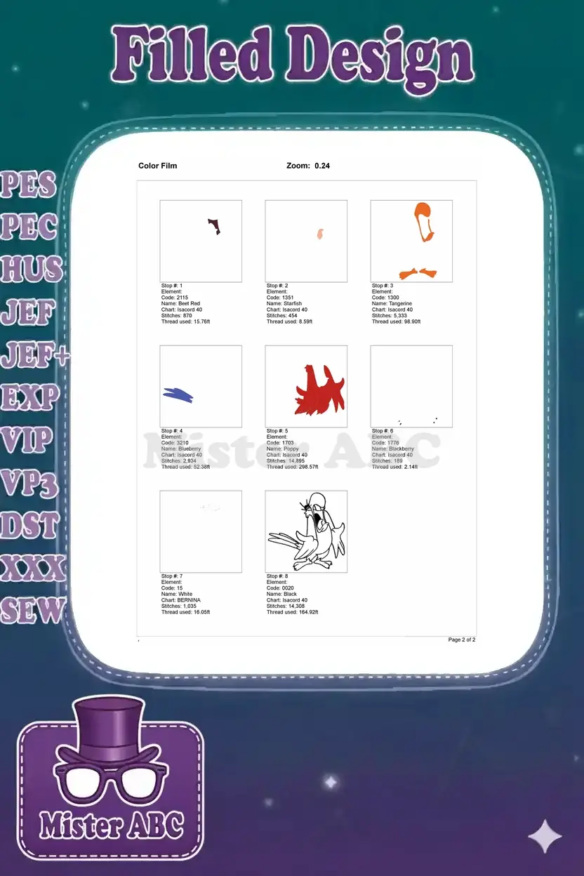 The color film document for the Iago embroidery, showing the individual stitch steps for each color element.
