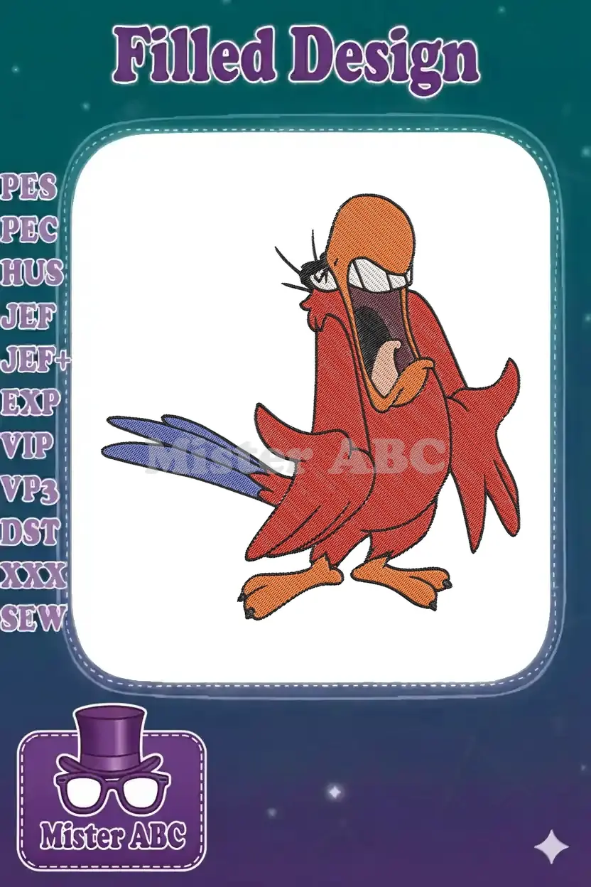 Captivating embroidery of Iago from Aladdin, featuring vibrant red, orange, and blue hues in a shouting pose.