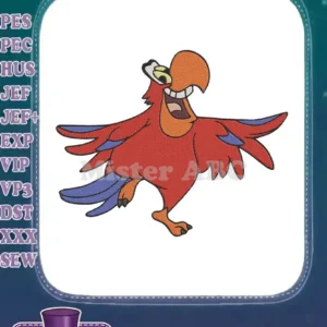 Vibrant embroidery design of Iago, the cheerful red parrot from Disney's Aladdin, with wings spread and laughing. Perfect for any fan.