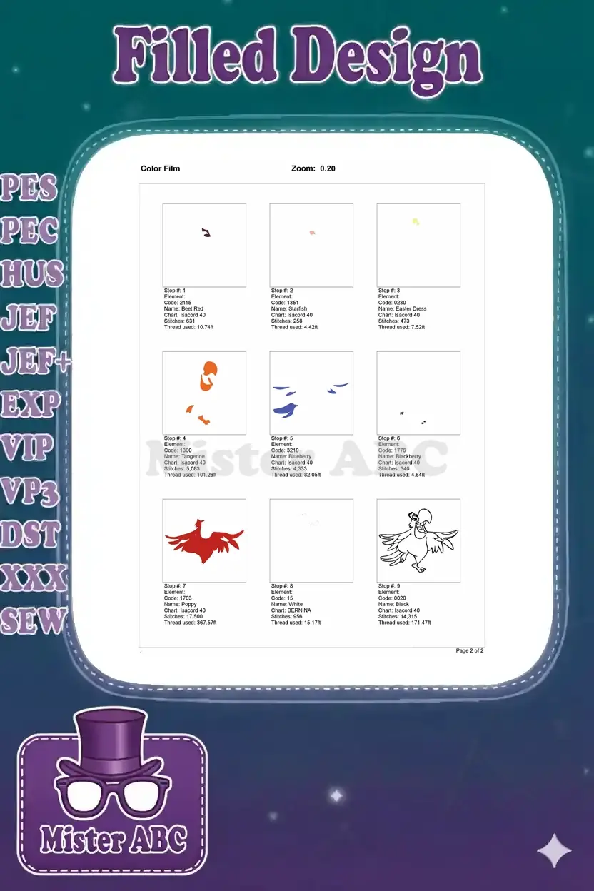 Color film document detailing the stitch sequence and thread usage for each of the 9 colors in the Iago embroidery design.