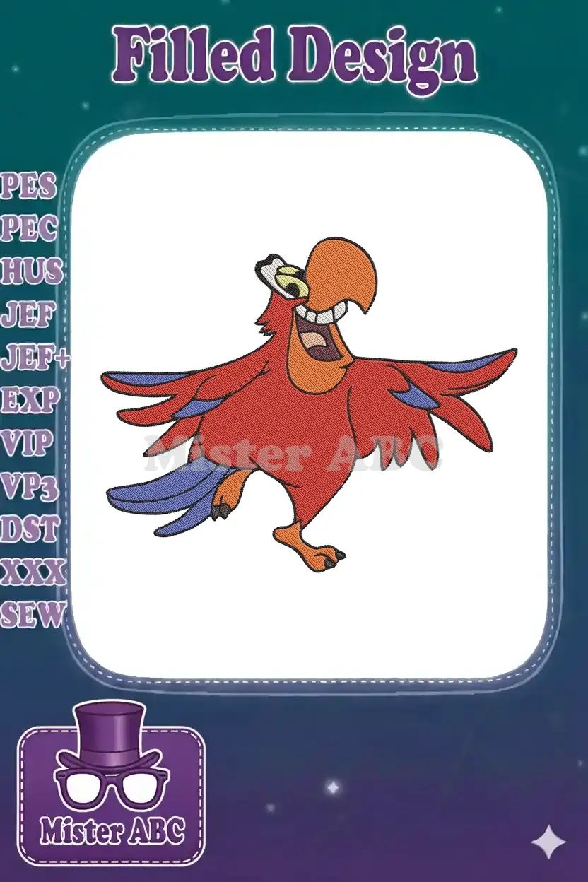 Vibrant embroidery design of Iago, the cheerful red parrot from Disney's Aladdin, with wings spread and laughing. Perfect for any fan.