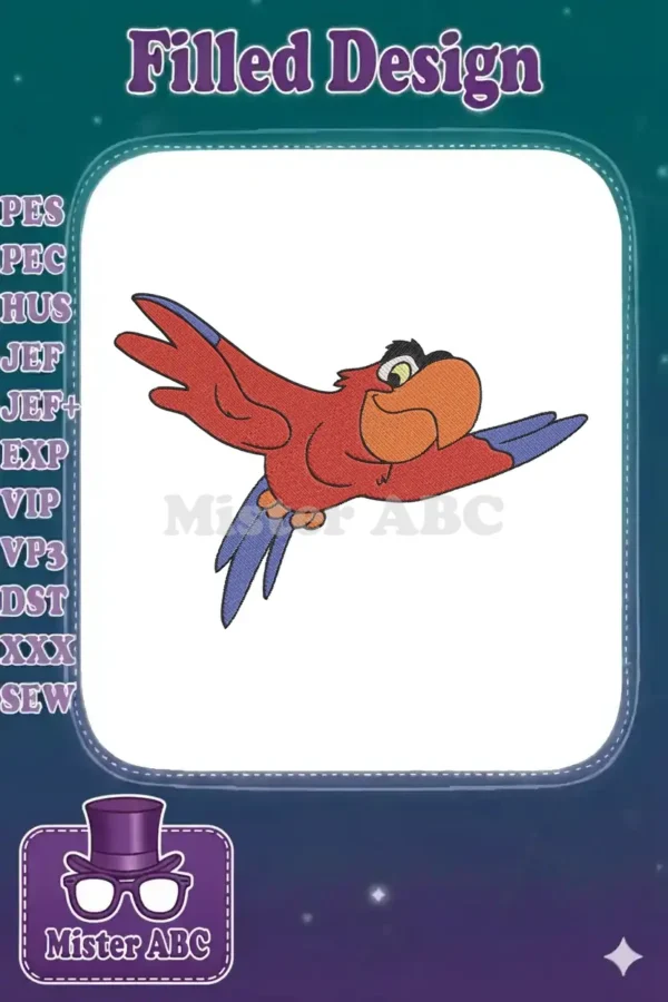 A vibrant embroidery design featuring Iago, the red parrot from Disney's Aladdin, captured in a dynamic flying pose.
