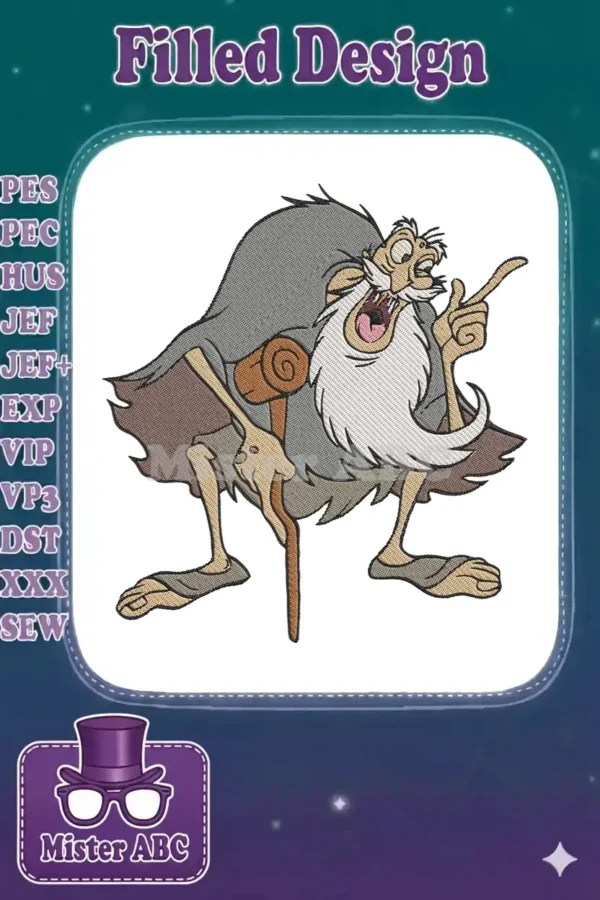 A vibrant embroidery of Merlin, the disgruntled wizard from Disney's "The Sword in the Stone," shouting angrily.