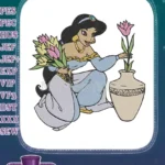 Elegant Princess Jasmine Placing Flowers in Vase Embroidery Designs - Instant Download