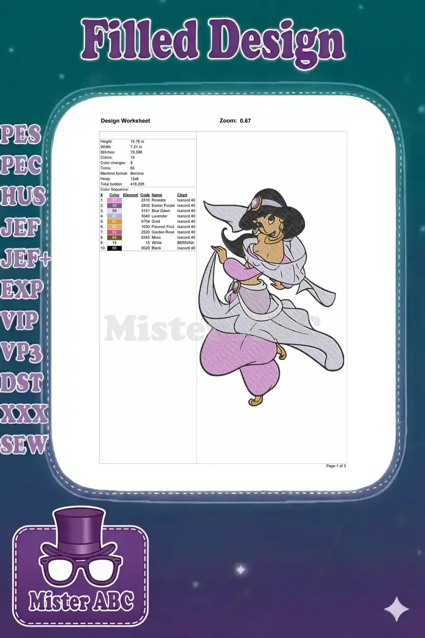 Embroidery design worksheet for Princess Jasmine, detailing stitch count, dimensions, colors, and thread types.