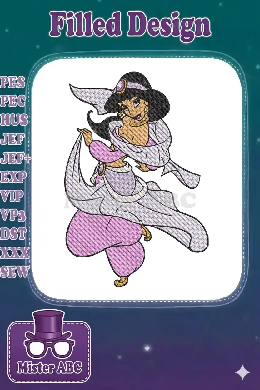 Vibrant Princess Jasmine embroidery design, showcasing her graceful pose in purple and white attire. Perfect for apparel.