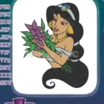 Elegant Princess Jasmine holding purple flowers embroidery designs - Instant Download