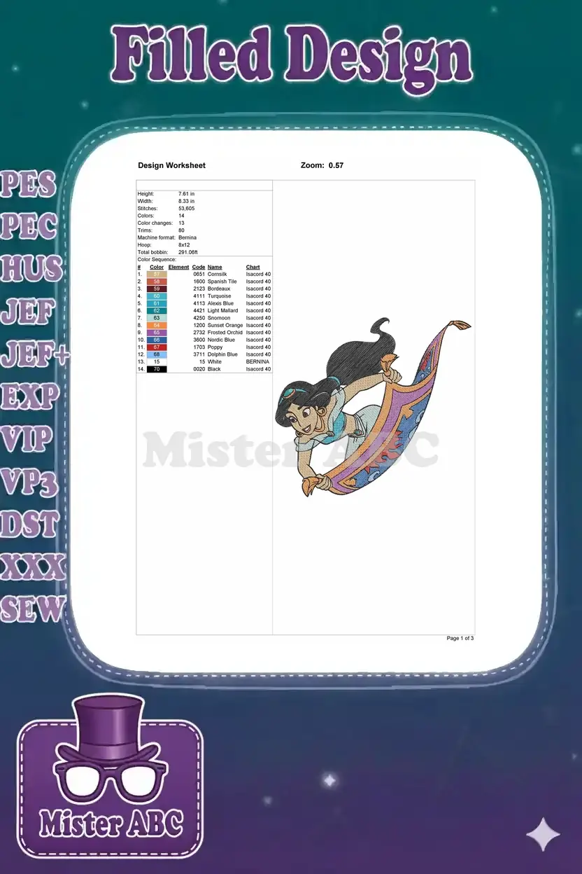 Embroidery design worksheet for Princess Jasmine, detailing dimensions, stitch count, colors, and hoop size.
