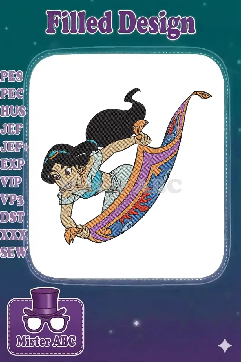 Princess Jasmine from Aladdin flying on a detailed, colorful magic carpet embroidery design with fill stitches.
