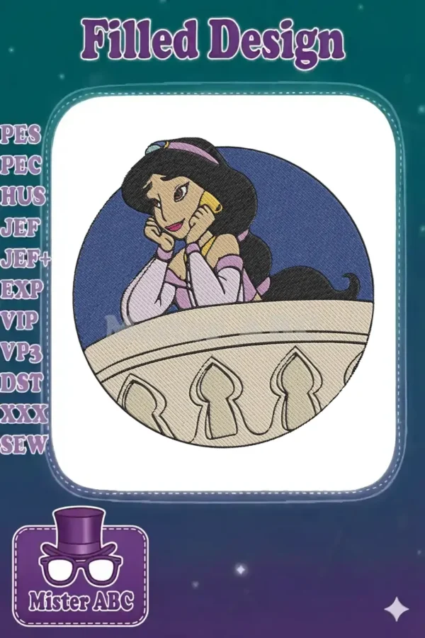A vibrant machine embroidery of Princess Jasmine from Disney's Aladdin, leaning on a balcony against a blue background.