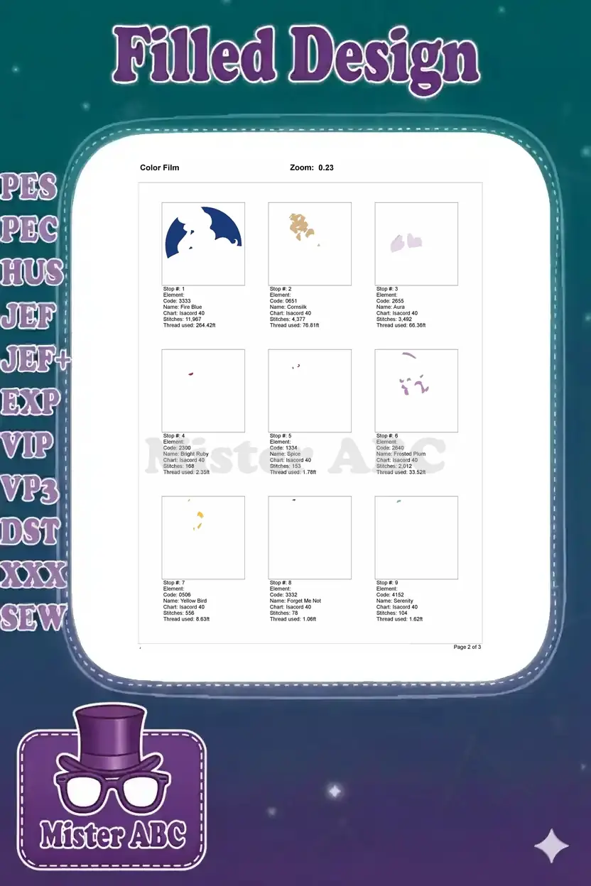 Color film showing the first nine embroidery stops for the Princess Jasmine design, detailing each color's stitch sequence.