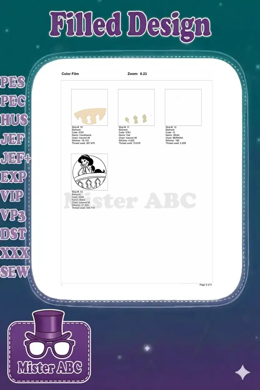 Color film showing the final four embroidery stops for the Princess Jasmine design, completing the stitch sequence.