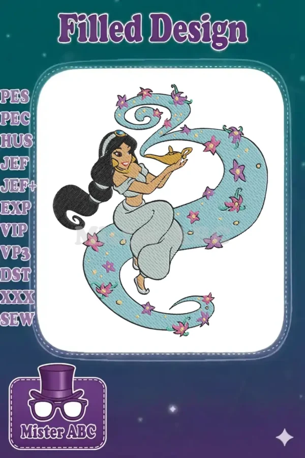 Princess Jasmine, holding a magic lamp, surrounded by a swirling blue ribbon with vibrant pink and purple flowers.