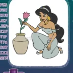 Graceful Princess Jasmine kneeling with flower vase embroidery designs - Instant Download