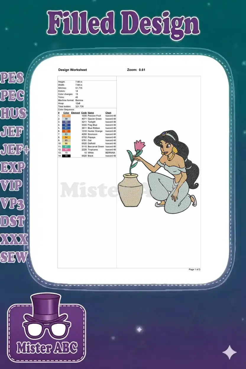 An embroidery design worksheet displaying technical specifications, a detailed thread color chart, and a small design preview.