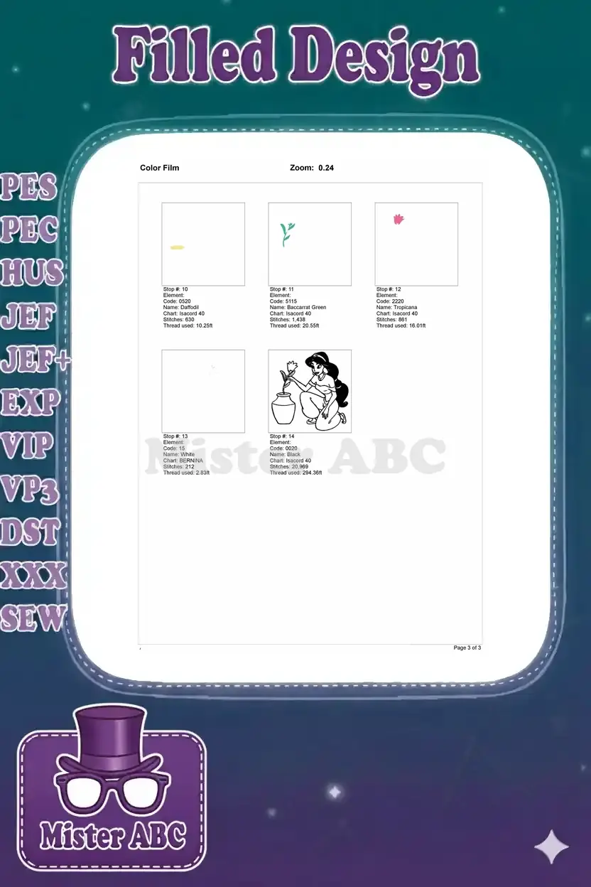 Second page of a color film, detailing the final embroidery stop sequences, including the crucial black outline.