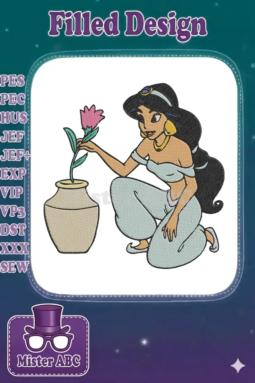 An enchanting embroidery of Princess Jasmine kneeling, placing a pink flower into a beige vase, on a white background.
