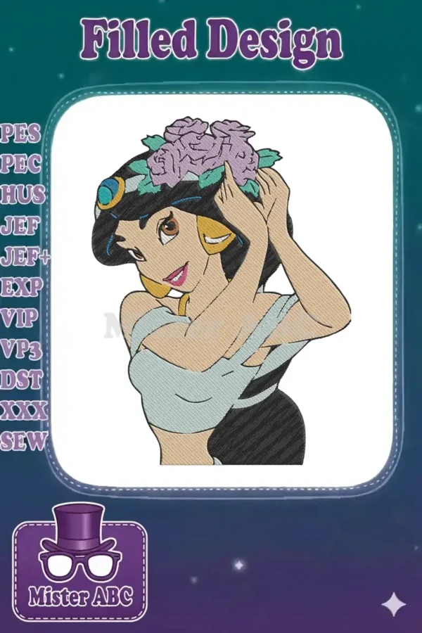 A vibrant digital embroidery design of Princess Jasmine, adorned with beautiful purple and teal flowers in her hair.