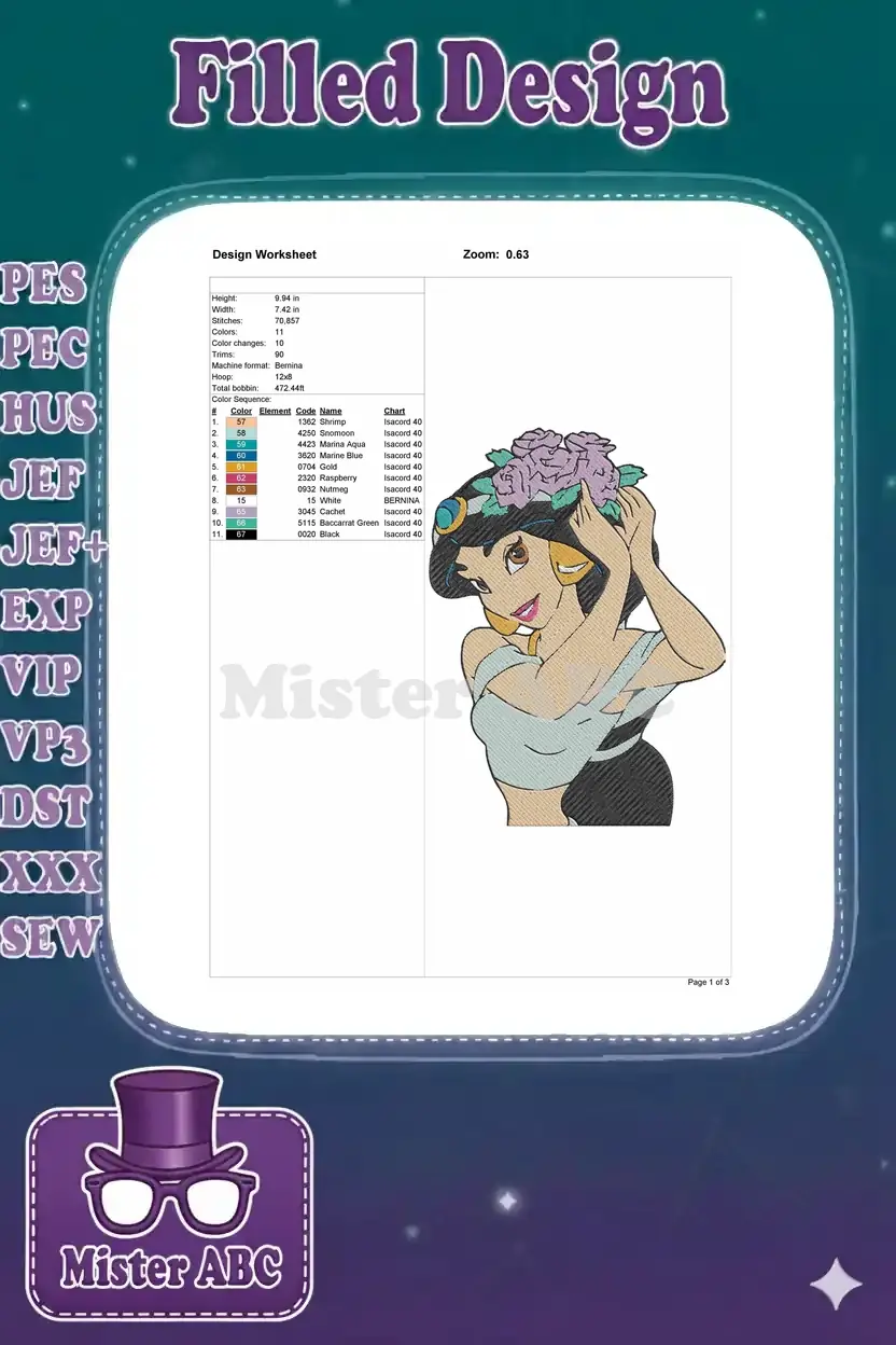 A detailed embroidery design worksheet for Princess Jasmine, showing dimensions, stitch count, colors, and thread types.