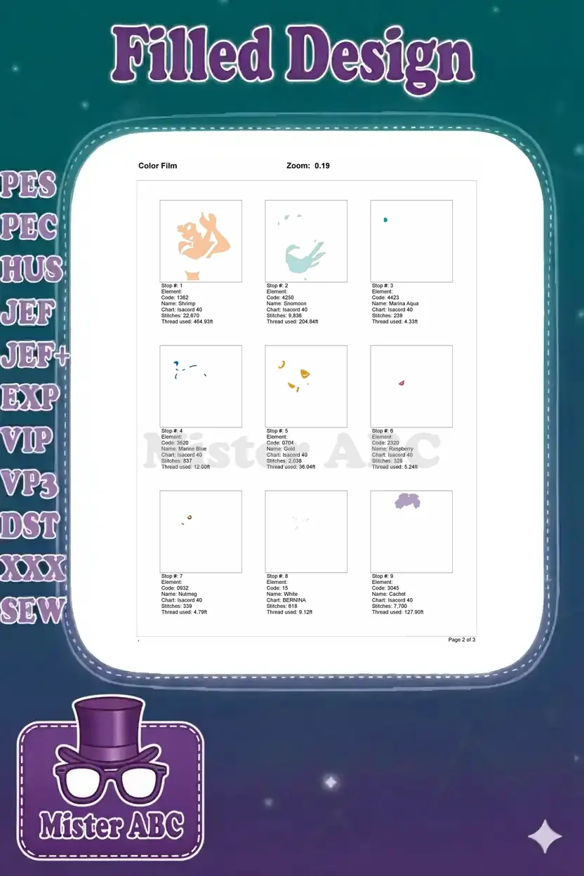 Color film page displaying individual stitch elements for the first nine color stops of the Princess Jasmine design.