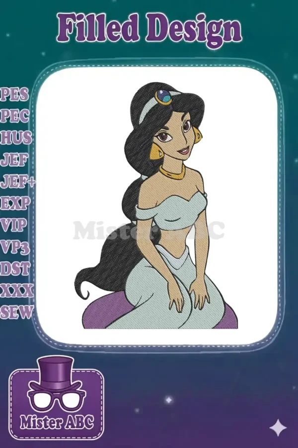 Vibrant machine embroidery design of Princess Jasmine, kneeling gracefully, with intricate stitching and rich colors.